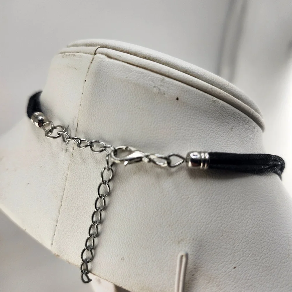 Handmade‎ Glass Pendant Necklace Blue Flower Black Cord